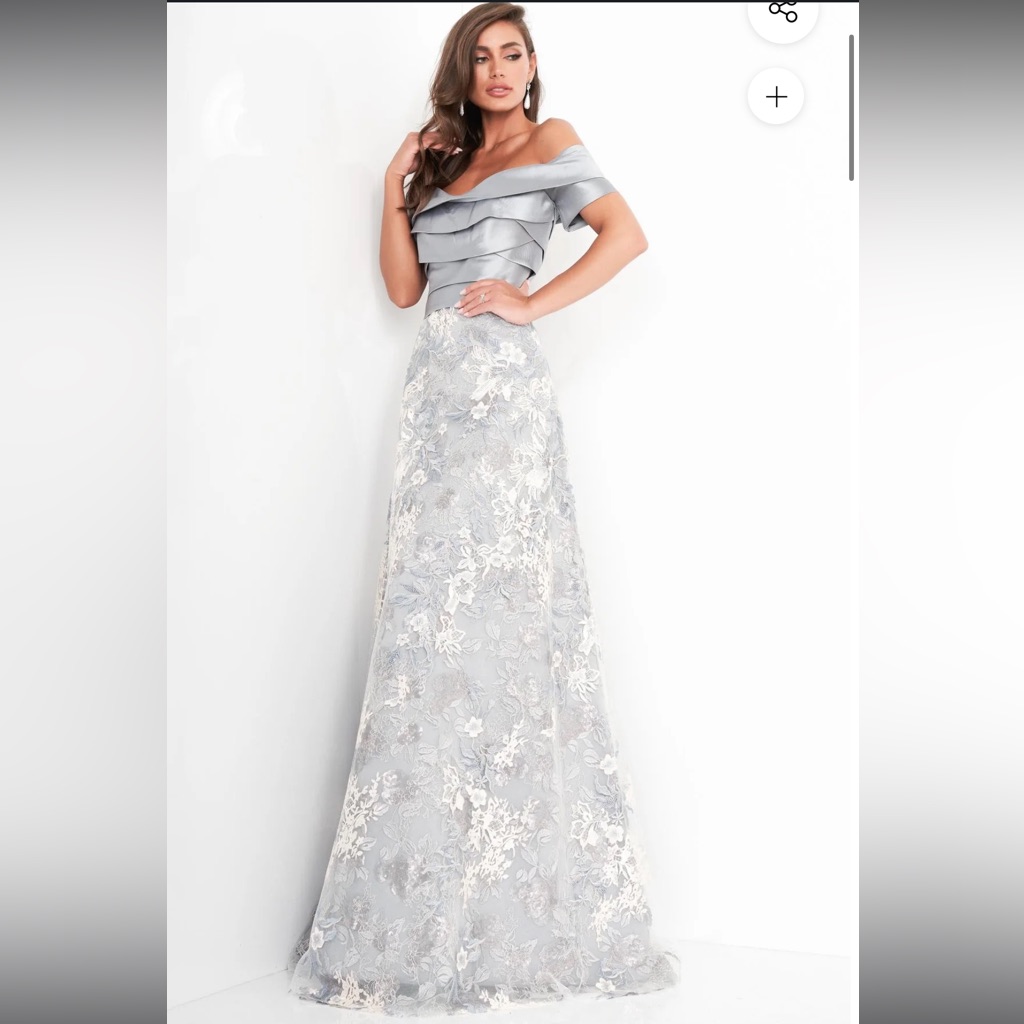 Jovani Gray Floral Off-Shoulder Maxi Dress